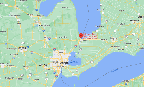 Map showing Lakeside Park near Sarnia, Ontario, with surrounding areas including Detroit and nearby cities.