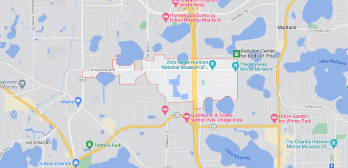 Map of Winter Park, Florida, highlighting key locations like Zora Neale Hurston National Museum and nearby hotels.