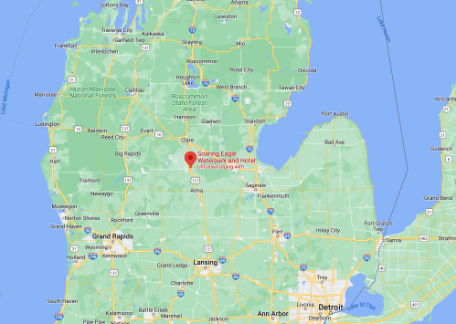 Map showing the location of Soaring Eagle Waterpark and Hotel in Michigan, near Mount Pleasant.