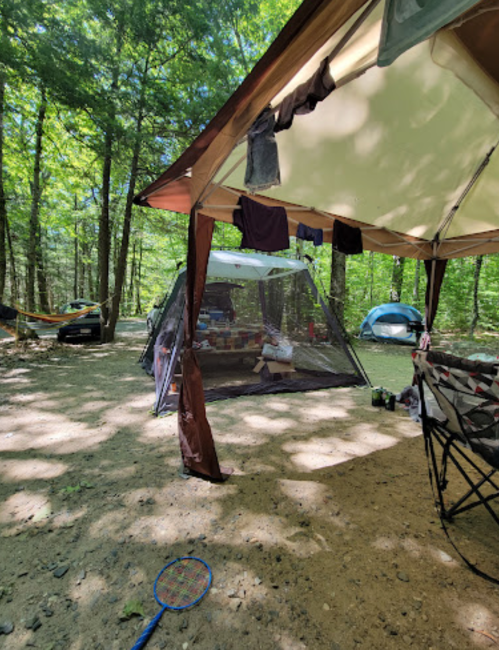 A campsite with a tent, hammock, and clothes hanging to dry under a canopy, surrounded by trees and sunlight.