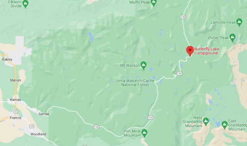 Map showing the location of Butterfly Lake Campground in Uinta-Wasatch-Cache National Forest, near Mt. Watson.