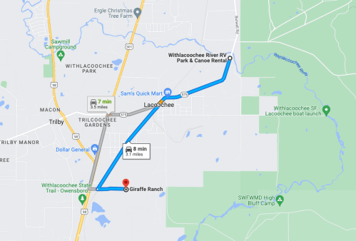 Map showing directions from Giraffe Ranch to Withlacoochee River RV Park & Canoe Rental, highlighting a 7-minute drive.
