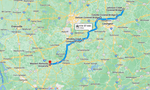 Map showing a route from Western Kentucky University to three covered bridges: Johnson Creek, Switzer, and Whiskey Creek.