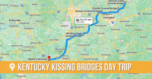 Map showing a route for the "Kentucky Kissing Bridges Day Trip," highlighting covered bridges in Kentucky.