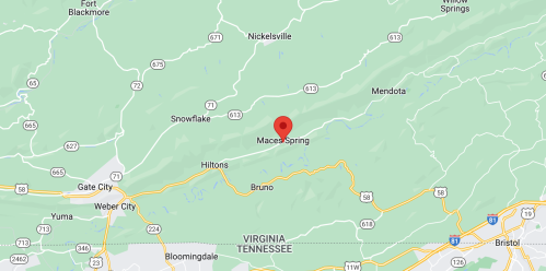 Map showing Maces Spring, Virginia, with nearby roads and landmarks highlighted.