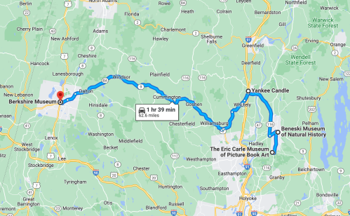 Map showing route from Berkshire Museum to Yankee Candle, including nearby attractions like The Eric Carle Museum.