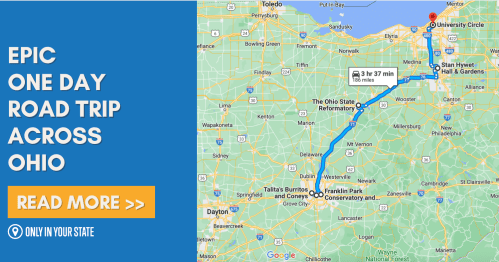 Map showing a road trip route across Ohio, highlighting University Circle and travel time of 3 hours 37 minutes.