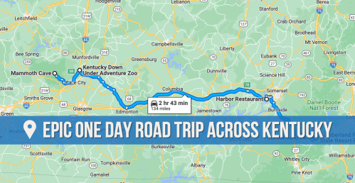 Map showing a road trip route across Kentucky, highlighting Mammoth Cave and Harbor Restaurant, totaling 134 miles.