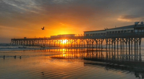 Sunset over a pier, with reflections on the water and birds flying in the sky.