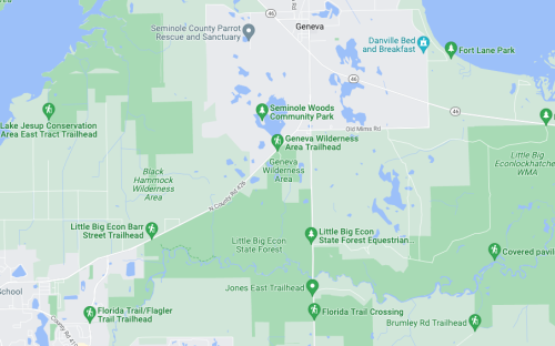 Map showing the Geneva area in Florida, highlighting parks, trails, and natural reserves.