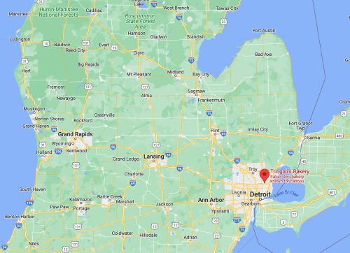 Map of Michigan highlighting Detroit and nearby cities, with a marker for Tringali's Bakery.