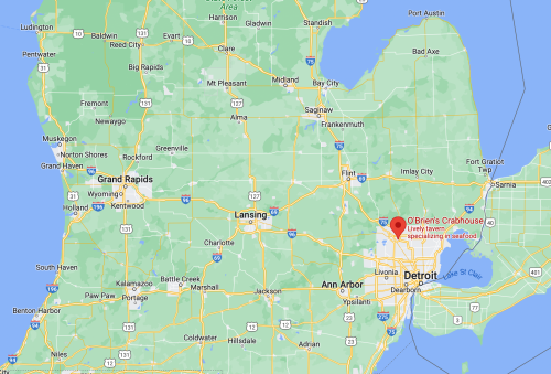 Map of Michigan highlighting O'Brien's Crabhouse in Detroit, near major cities like Grand Rapids and Lansing.
