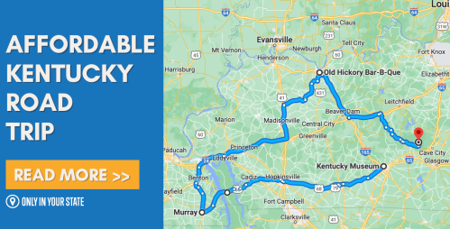Map highlighting an affordable road trip route in Kentucky, featuring key stops and attractions.