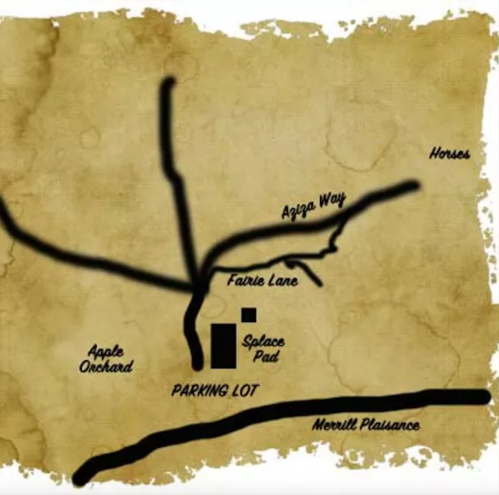 Map with a vintage look, showing paths, a parking lot, and locations like Apple Orchard and Solace Pad.