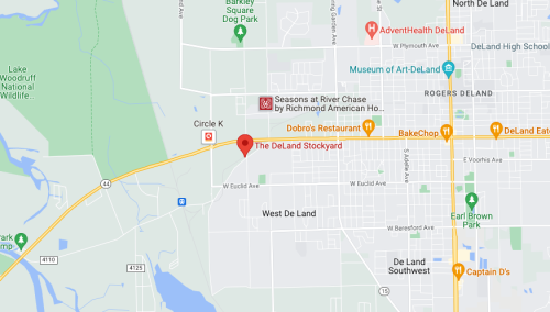 Map showing the location of The DeLand Stockyard in DeLand, Florida, near Circle K and various local landmarks.
