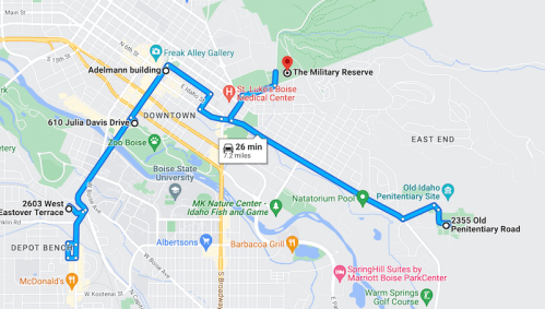 Map showing a route from the Adelmann Building to The Military Reserve in Boise, Idaho, with key locations marked.