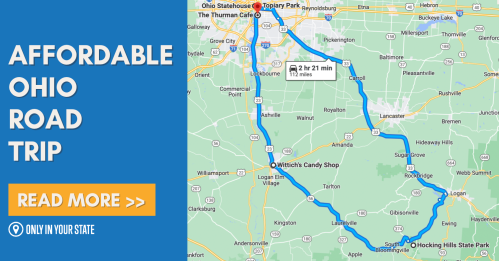 Map of an affordable road trip route in Ohio, highlighting key locations and travel time.