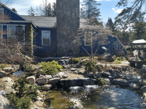 A blue house with a stone chimney, surrounded by a landscaped garden and a small pond with a waterfall.