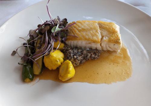 A plated dish featuring seared fish, mustard sauce, yellow squash, and microgreens on a white plate.