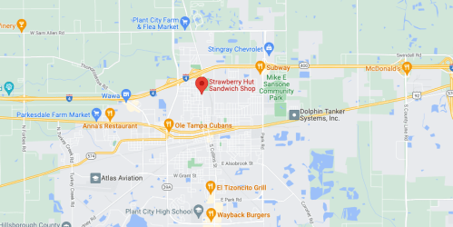 Map showing the location of Strawberry Hut Sandwich Shop in Tampa, Florida, near major roads and landmarks.