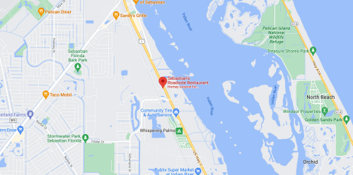 Map showing the location of Sebastian's Roadside Restaurant in Sebastian, Florida, near the Indian River.