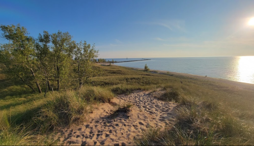 A serene beach scene with sandy paths, grassy dunes, and calm water under a clear blue sky.
