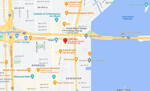Map showing the area around Little Hen and Sugarcane in Miami, with nearby streets and landmarks.