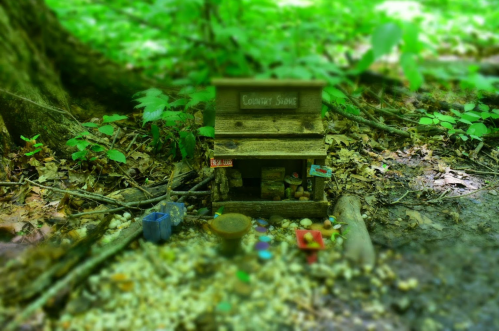 A whimsical miniature wooden shop surrounded by greenery and small decorative items in a forest setting.