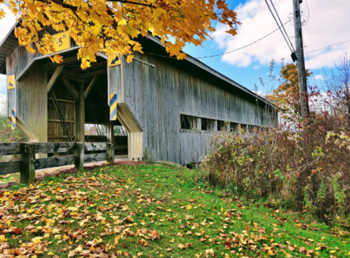 A rustic covered bridge surrounded by autumn leaves and greenery under a blue sky with scattered clouds.