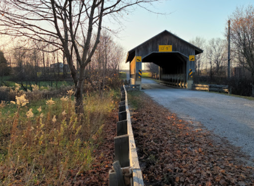 A covered bridge at sunset, surrounded by trees and autumn leaves, with a gravel road leading through it.