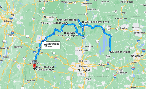 Map showing a route from Lee to Upper Sheffield Covered Bridge, highlighting key locations and travel time of 4 hours 2 minutes.