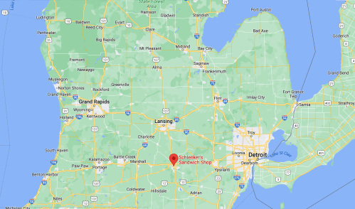 Map of Michigan highlighting Schlenker's Sandwich Shop near the center, with major cities and highways visible.