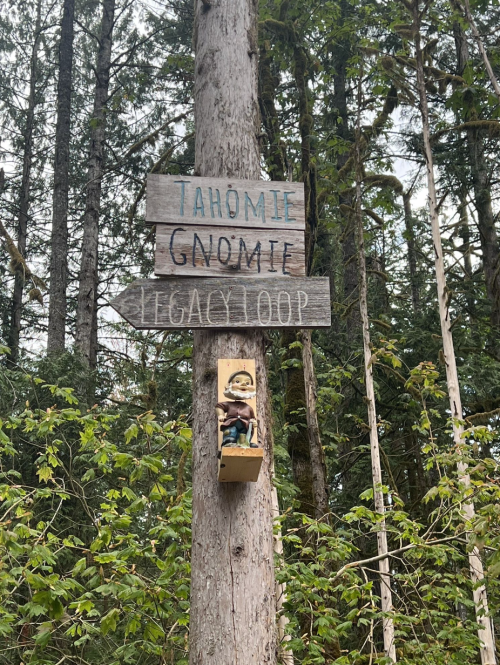 A wooden sign on a tree points to "Tahomie," "Gnomie," and "Legacy Loop," with a gnome figure attached below.