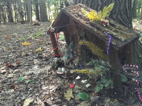 A small, whimsical fairy house made of wood and natural materials, surrounded by leaves and forest debris.
