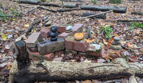 A small stone arrangement on a bed of fallen leaves, surrounded by logs and bricks in a forest setting.