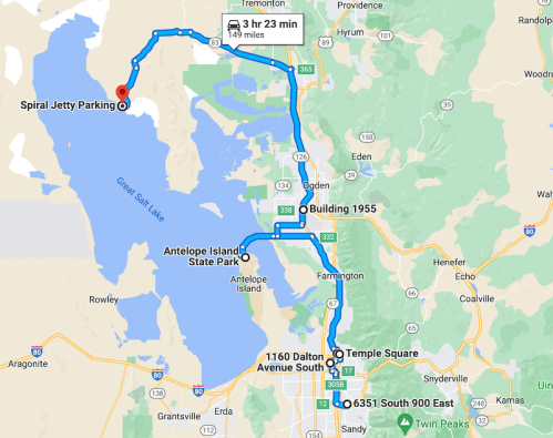 Map showing a route from Temple Square to Spiral Jetty Parking, covering 149 miles in 3 hours and 23 minutes.
