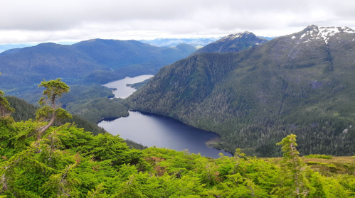 A panoramic view of a lush green landscape with a winding lake surrounded by mountains under a cloudy sky.