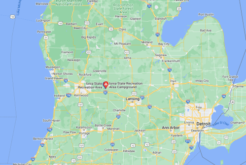 Map of Michigan highlighting Ionia State Recreation Area and nearby cities like Lansing and Detroit.