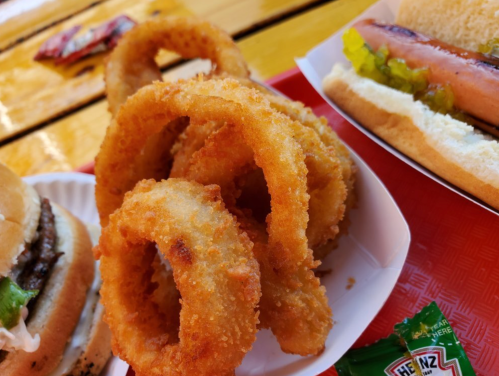 A close-up of crispy, golden onion rings on a red tray, with a hot dog and burger in the background.