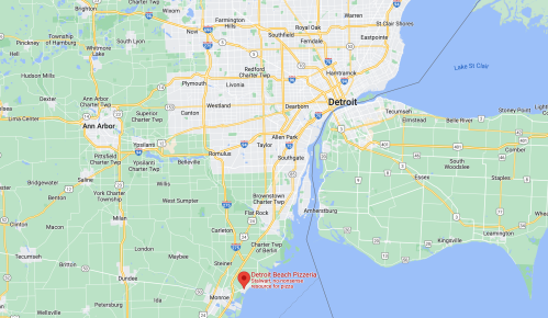 Map showing Detroit, Michigan, with nearby areas and the location of Detroit Beach Pizzeria marked.