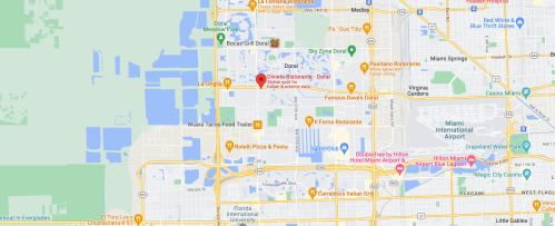 Map of the Miami area, highlighting restaurants and Miami International Airport locations.