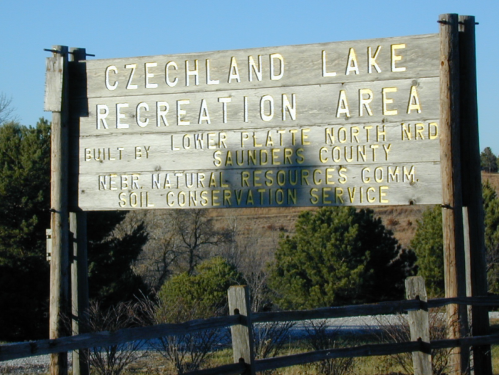 Sign for Czechland Lake Recreation Area, built by Lower Platte North NRD, Saunders County, and Nebraska Natural Resources Commission.