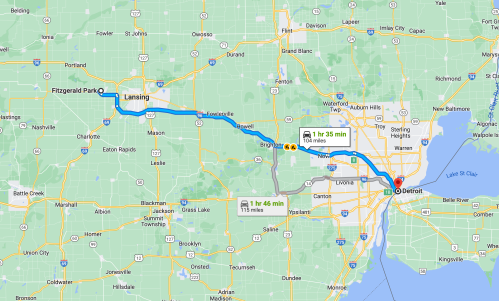 Map showing driving directions from Fitzgerald Park to Detroit, Michigan, with estimated travel times.