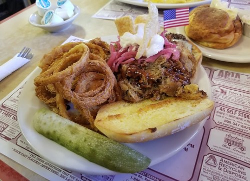 A plate featuring pulled pork on a bun, topped with onions and sauce, alongside onion rings and a pickle.