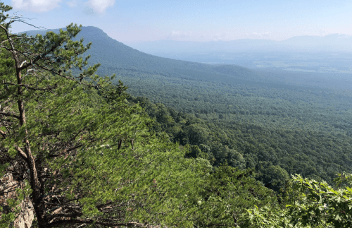 A panoramic view of lush green mountains and valleys under a clear blue sky.