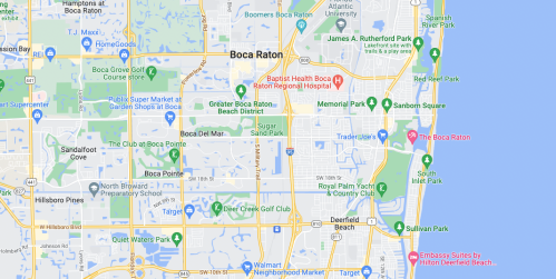 Map of Boca Raton, Florida, showing streets, parks, and notable locations in the area.
