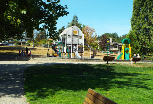 A playground with slides and climbing structures, surrounded by trees and a grassy area, with people enjoying the space.