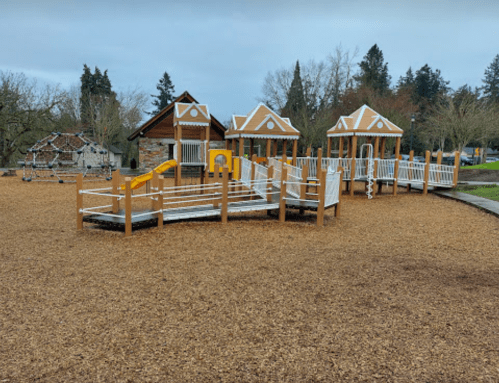 A playground with wooden structures, slides, and climbing areas, surrounded by wood chips and trees in the background.