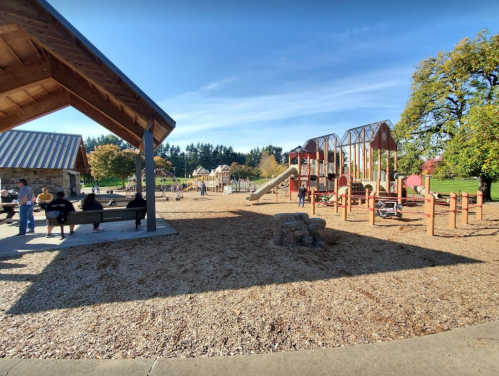 A playground with slides and climbing structures, surrounded by trees and people enjoying the sunny day.