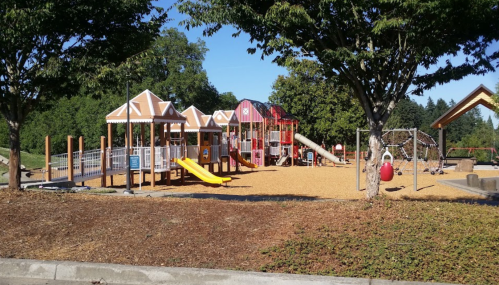 Colorful playground with slides, climbing structures, and swings, surrounded by trees and a sandy area.